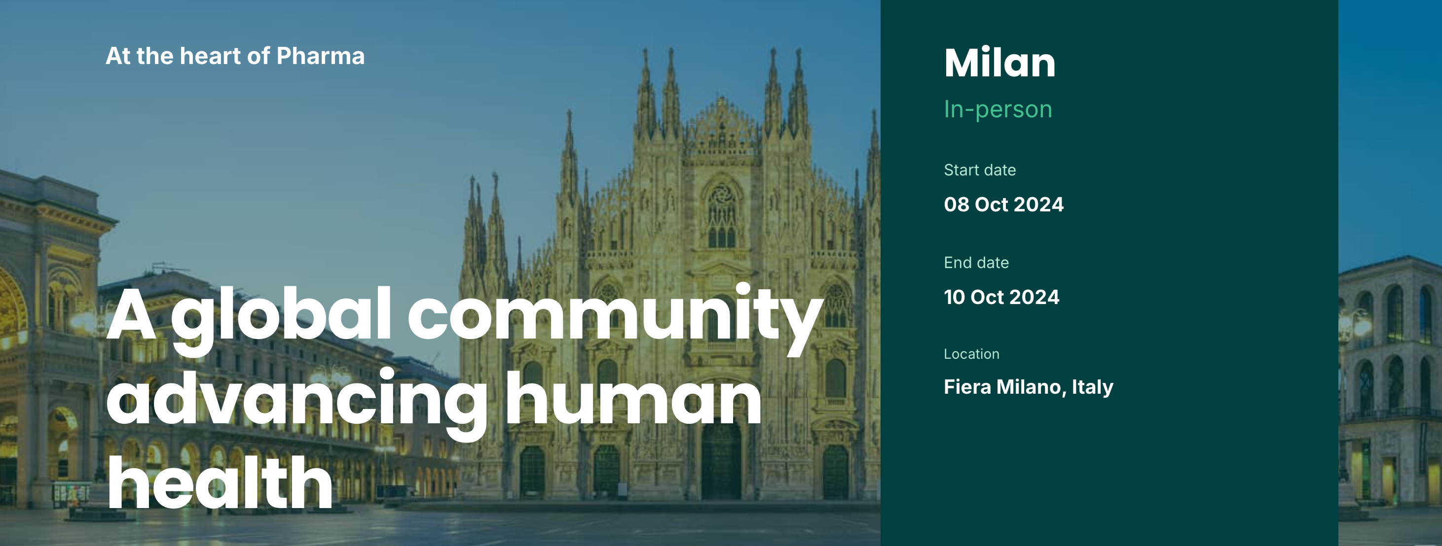 A promotional image for a pharma event in Milan, Italy, from October 8-10, 2024, featuring the Milan Cathedral and event details on the right.